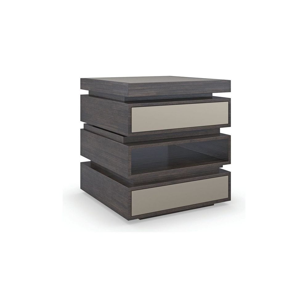 Alternate view of Couture End Table, featuring matte lacquer, wood, wood veneer, and two drawers with flat inset fronts.