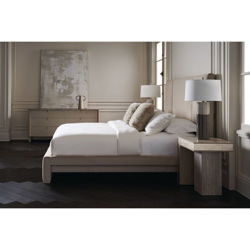 Alternate view of Equilibrium Bed in taupe and greige.