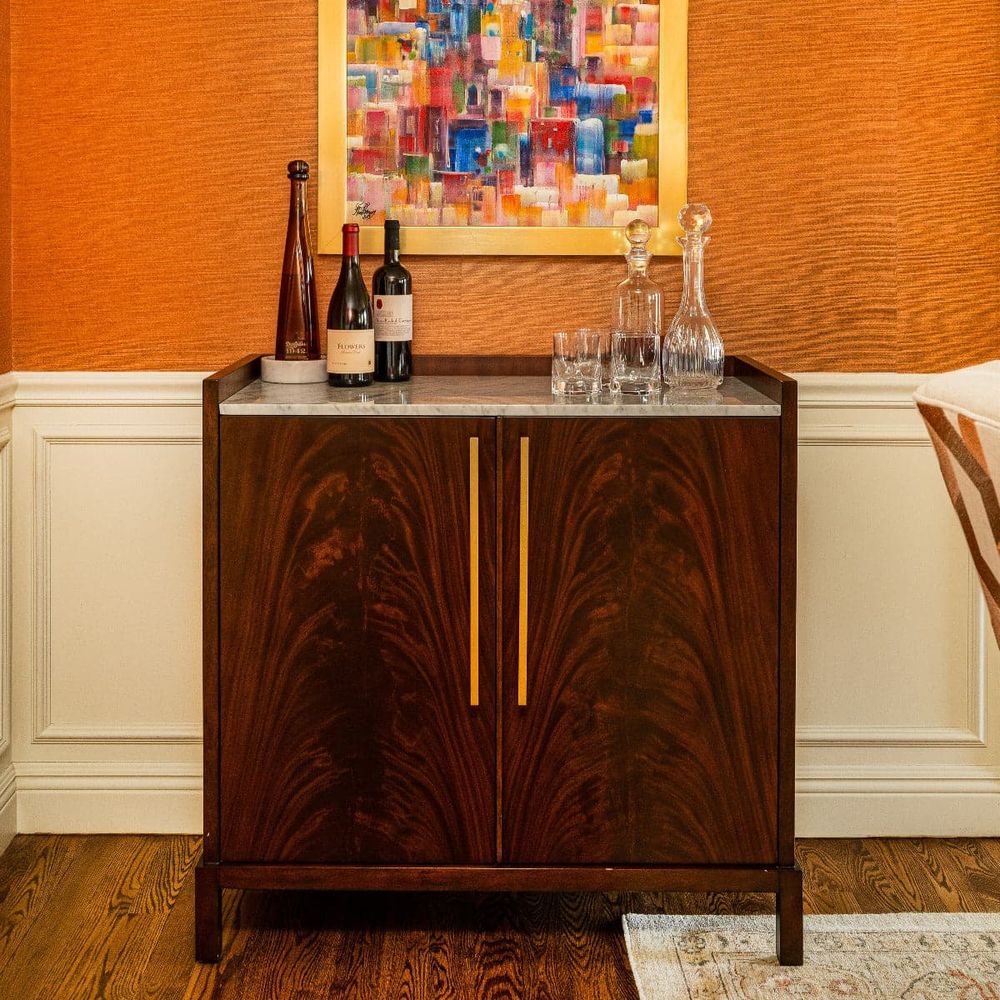 Alternate view of Ridge Bar Cabinet in rich mahogany brown and soft white.