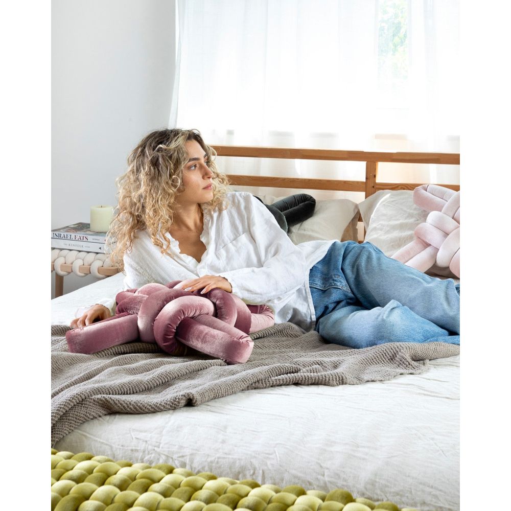 Alternate view of Mauve Knot Pillow, featuring velvet, plush textile, and freeform decorative cushion.