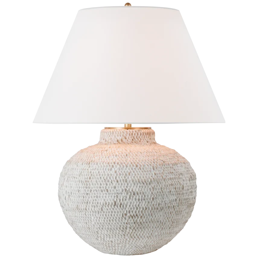 Alternate view of Avela Table Lamp, featuring textured carved finish, ceramic, fabric, and a table lamp base.