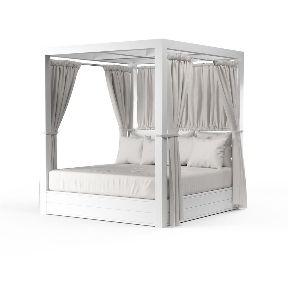 Newport Resort King Daybed in Cast Silver, No Welt, shown in white and light gray with metal frame and woven fabric.