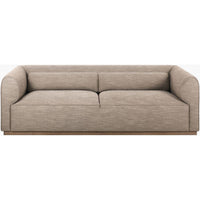 Moore Sofa, shown in warm taupe beige with woven fabric upholstery, wood base, and fixed rolled arms.