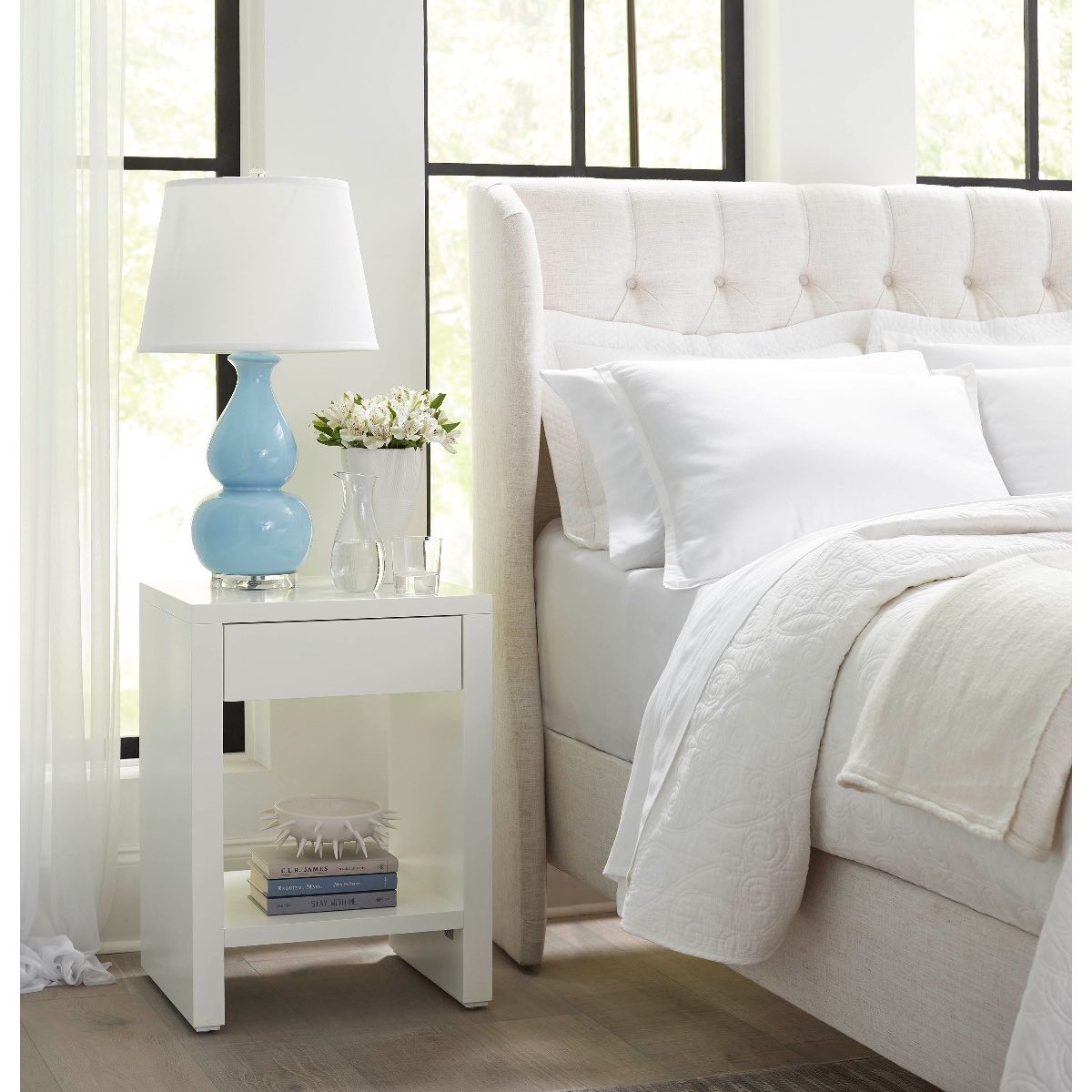 Morgan Grasscloth 1-Drawer Side Table, Chiffon White