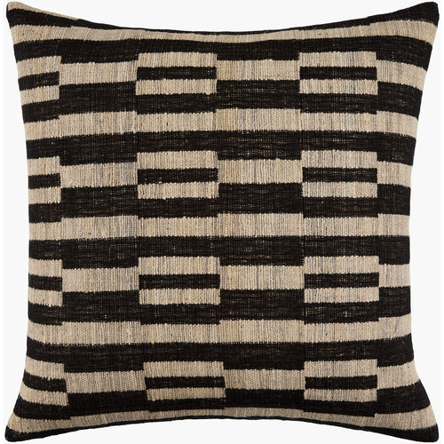 Marzano Pillow, shown in black and beige with woven textile, flatweave fabric, and decorative throw pillow.