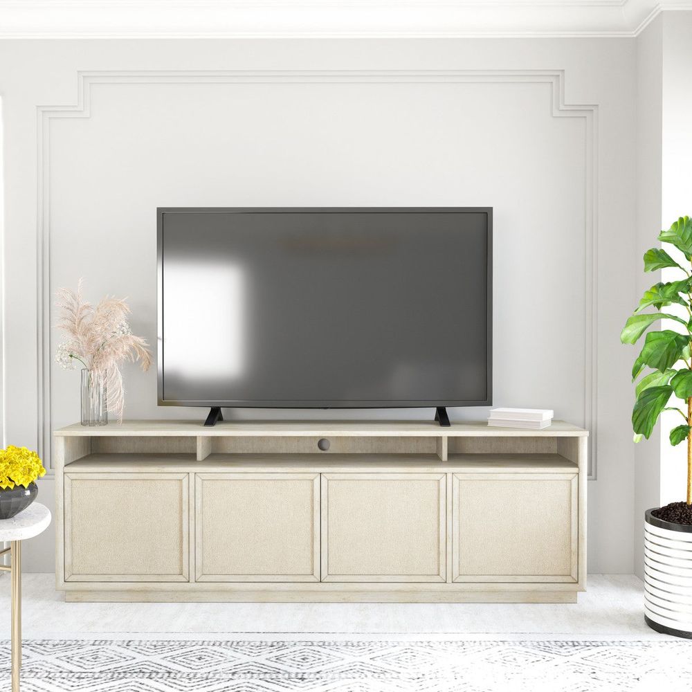 Alternate view of Cotiere Entertainment Console in beige and light taupe.