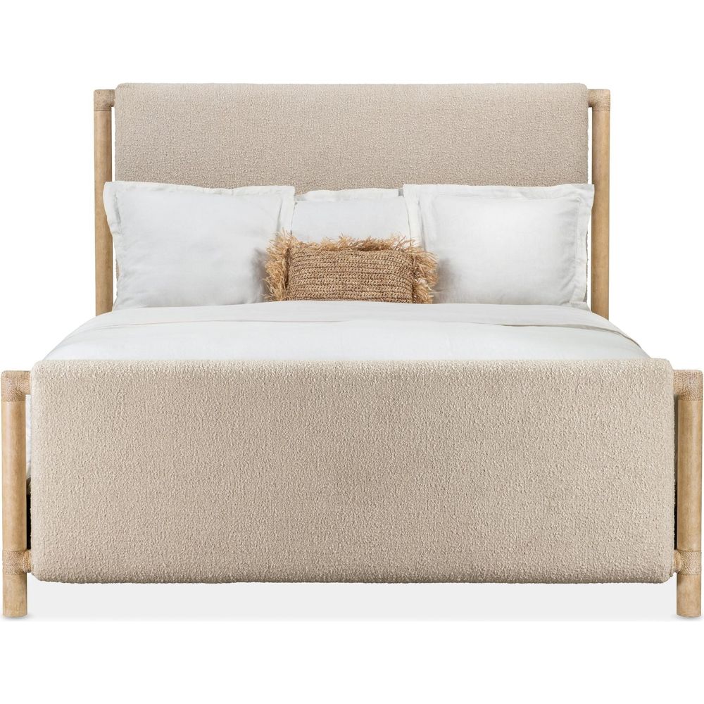 Retreat King Upholstered Panel Bed, shown in beige and natural light wood with bouclé fabric and wood.