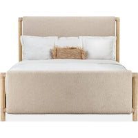 Retreat King Upholstered Panel Bed, shown in beige and natural light wood with bouclé fabric and wood.