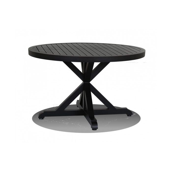 Monterey 48" Dining Table, shown in black with wood, metal, and a round dining surface.