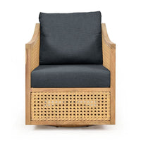 Additional view of Jupiter Swivel Chair, featuring handwoven open-weave finish, teak, synthetic cane, and a swivel base.