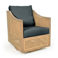 Jupiter Swivel Chair, shown in natural teak and honey cane with teak, synthetic cane, and a swivel base.