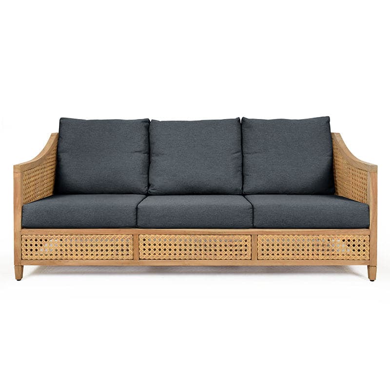 Jupiter Sofa, shown in charcoal gray and natural teak with teak, synthetic cane webbing, and fixed flared arms.