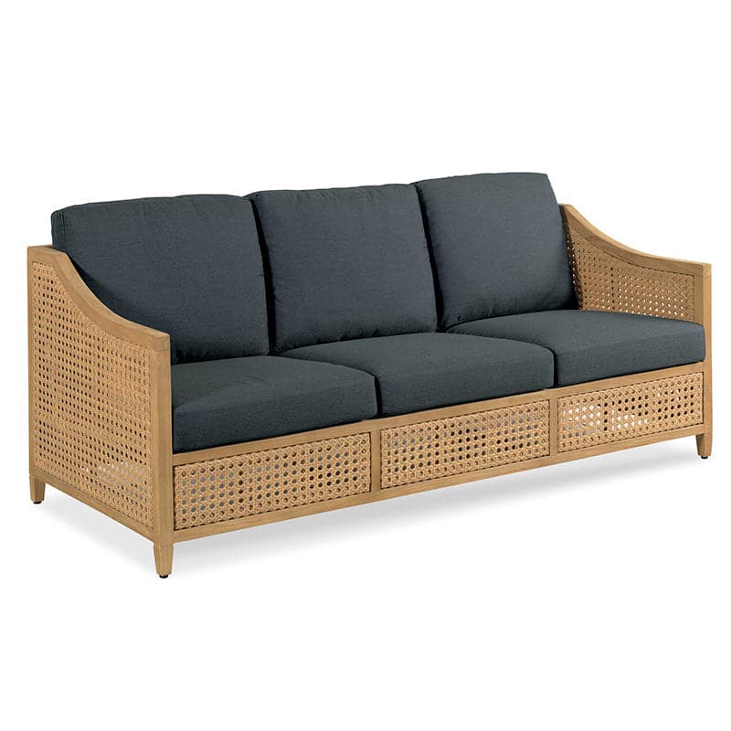 Additional view of Jupiter Sofa in charcoal gray and natural teak, featuring woven finish and fixed flared arms.
