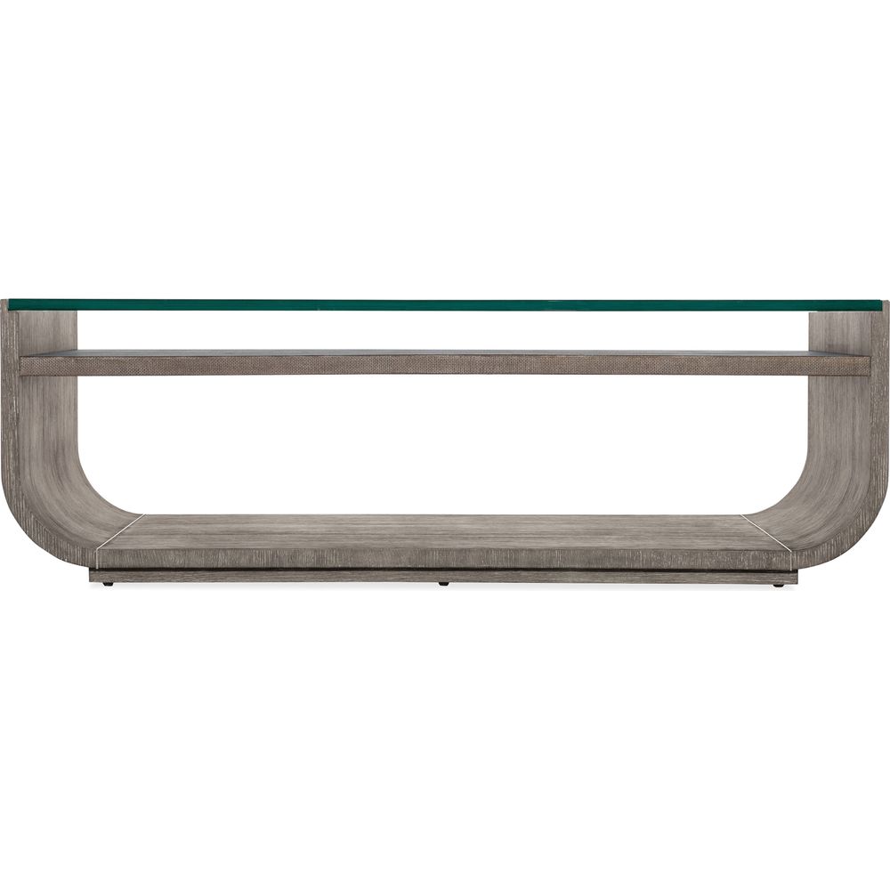 Modern Mood Rectangle Cocktail Table, shown in gray-brown and taupe with wood, glass, and a glass top surface.