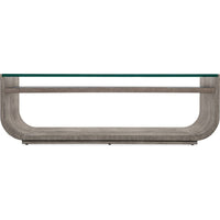 Modern Mood Rectangle Cocktail Table, shown in gray-brown and taupe with wood, glass, and a glass top surface.