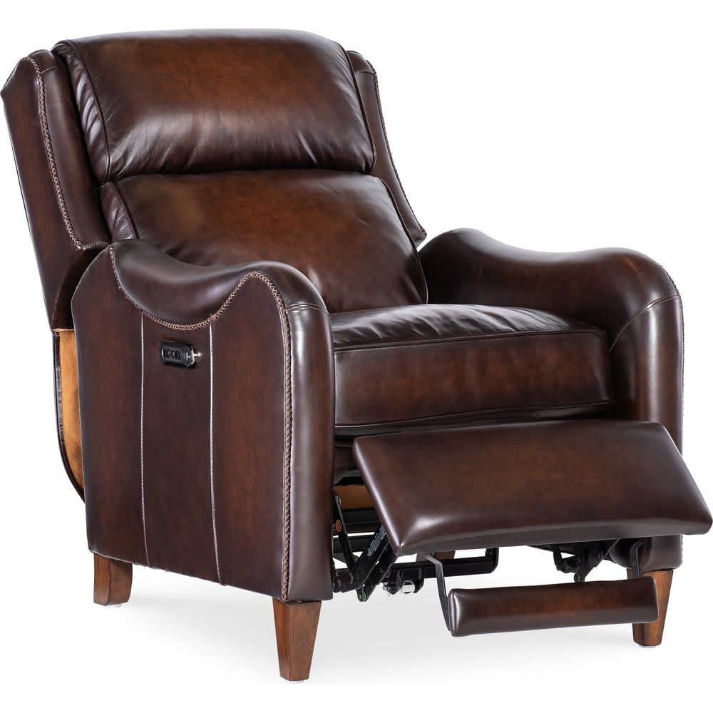 Alternate view of Carrington Power Recliner w/Power Headrest in dark brown and medium brown wood.