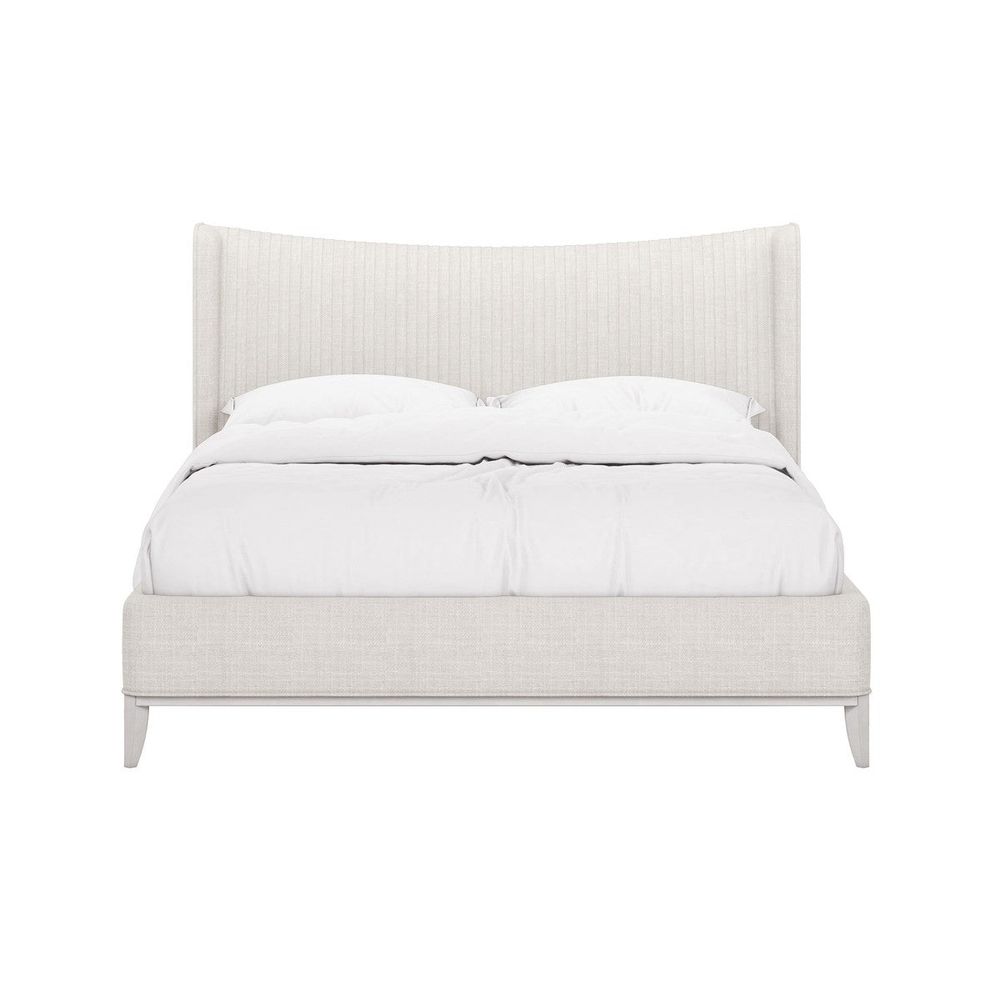Mezzanine King Upholstered Shelter Bed, shown in light grey and ivory with upholstery fabric and wood.