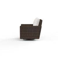Additional view of Montecito Swivel Rocker Club Chair in Canvas Flax w/ Self Welt in dark brown and white.