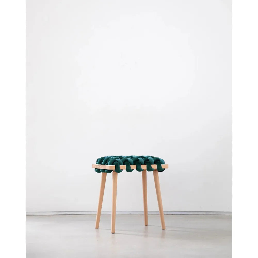 Petrol Velvet Woven Stool, shown in emerald teal and natural light wood with velvet, beechwood, and four fixed tapered legs.
