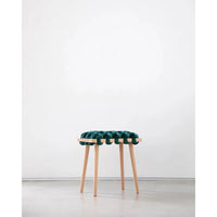 Petrol Velvet Woven Stool, shown in emerald teal and natural light wood with velvet, beechwood, and four fixed tapered legs.