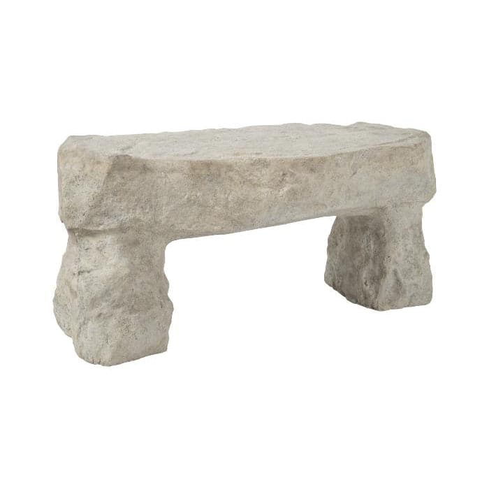 Orion Stone Bench, shown in light gray and warm beige with faux stone, molded plastic, and backless bench seating.