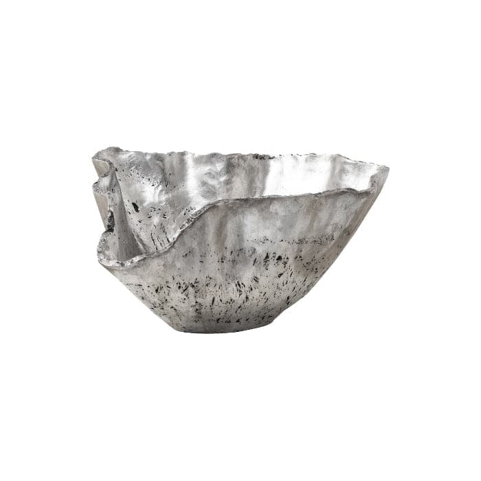 Additional view of Orion Bowl in silver and off-white, featuring hammered finish and open shallow basin.