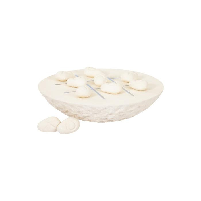 Game Stone, shown in ivory and cream with stone, metal, and inlaid tic-tac-toe grid.