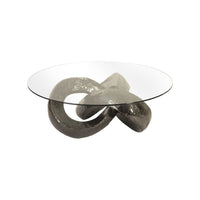 Additional view of Harmony Coffee Table in bronze and silver, featuring textured cast finish and oval glass tabletop.