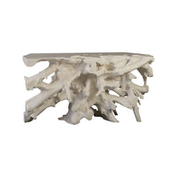 Ledger Console Table, shown in white and off-white with wood, teak root, and a flat solid display top.