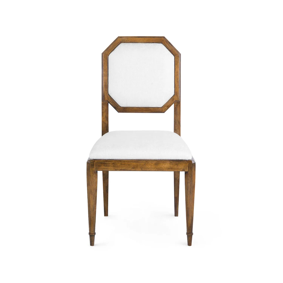 Philippe Side Chair, shown in medium brown and off-white with wood, chenille, and a upholstered seat.