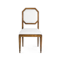 Philippe Side Chair, shown in medium brown and off-white with wood, chenille, and a upholstered seat.