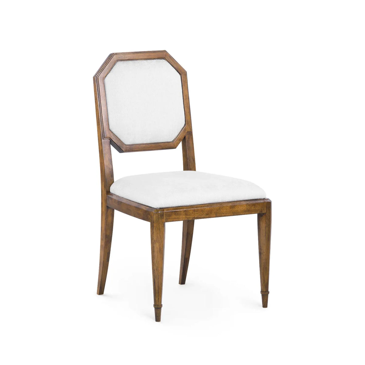 Additional view of Philippe Side Chair in medium brown and off-white, featuring stained finish and a upholstered seat.