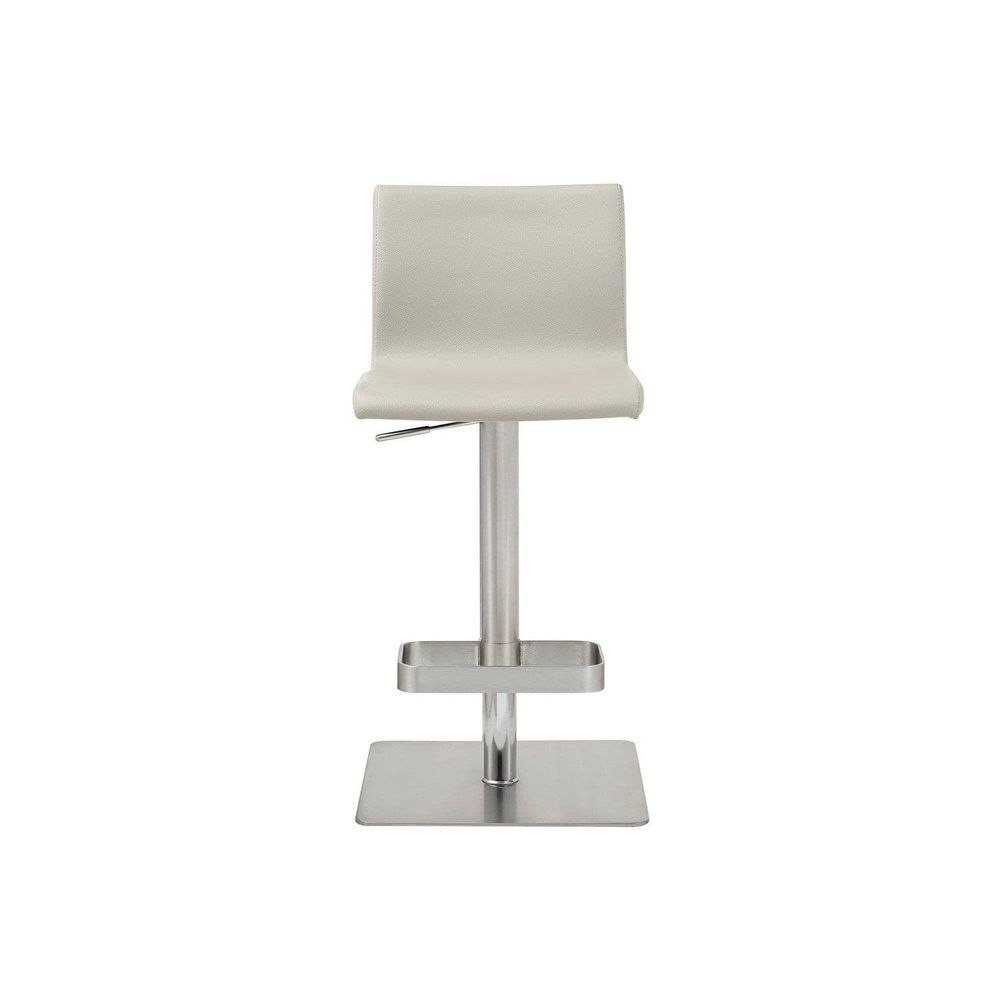 Watson Barstool, shown in off-white and brushed silver with leather or leatherette upholstery and stainless steel.