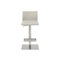 Watson Barstool, shown in off-white and brushed silver with leather or leatherette upholstery and stainless steel.