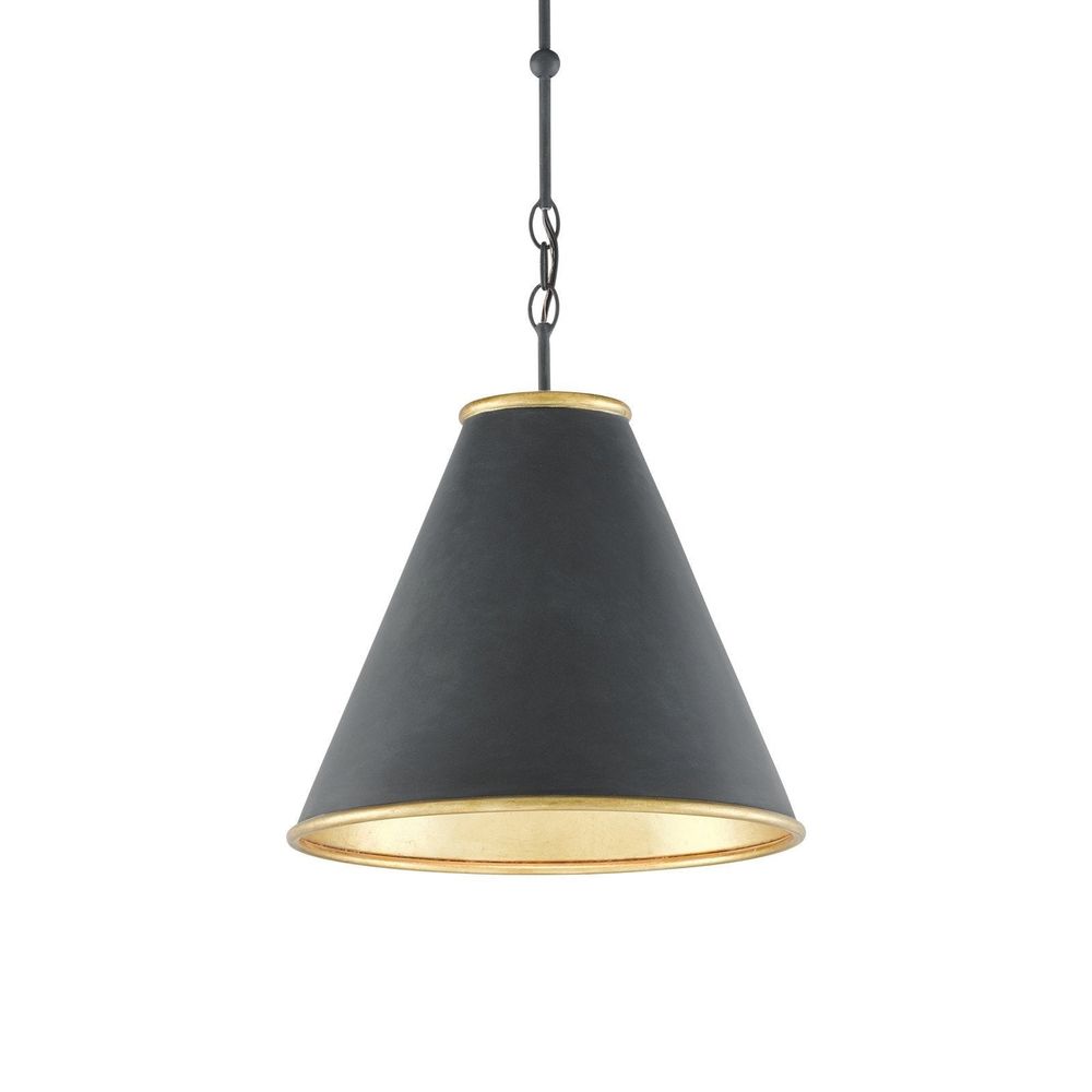 Pierrepont Small Black Pendant, shown in black and gold with metal, wrought iron, and chain-and-stem suspension.