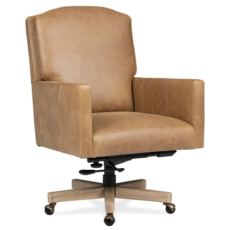 Shore Executive Chair, shown in tan and camel with leather, wood, and a swivel base.