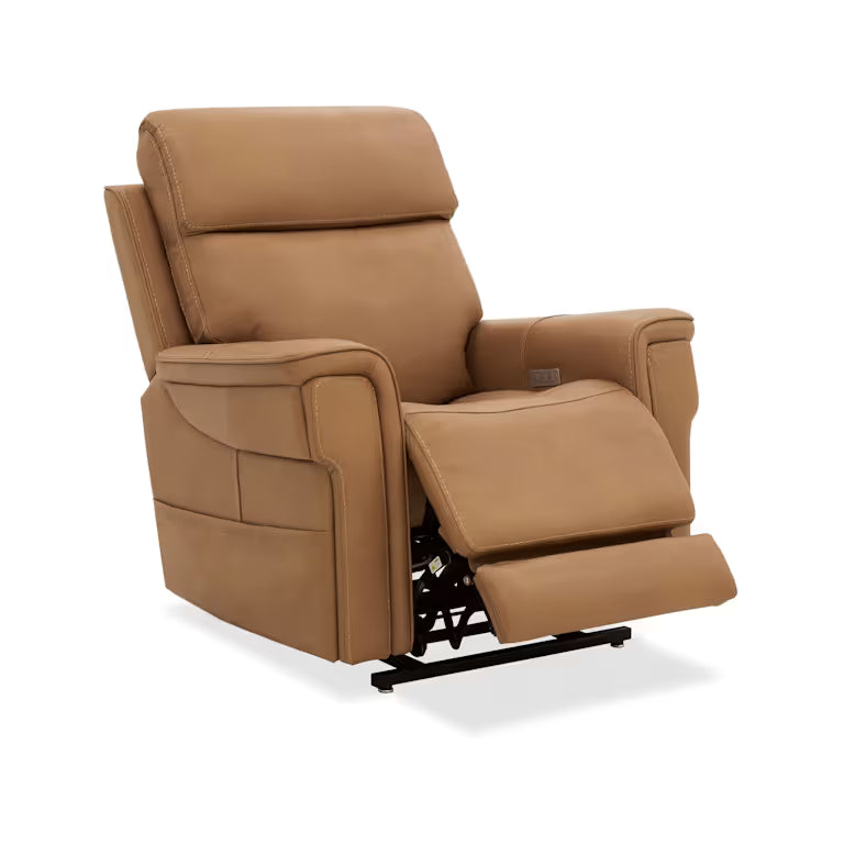 Lyra Lift Chair with Power Recline, Headrest and Lumbar, shown in camel and tan with leather and metal.