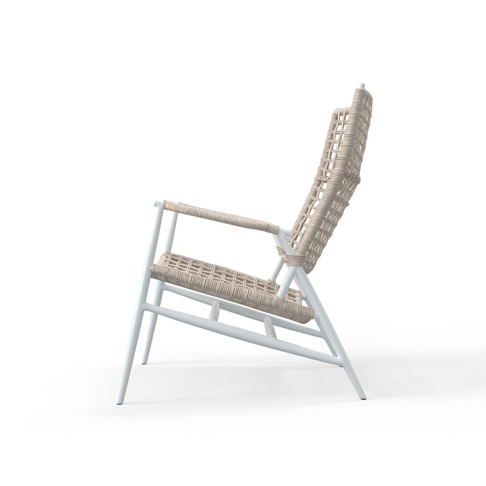 Additional view of Bahia Highback Accent Chair in beige and white, featuring matte powder-coated and fixed arms.