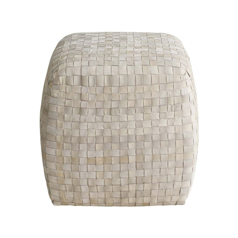Dwell Pouf, shown in ivory and cream with leather, woven hide, and freestanding cube form.