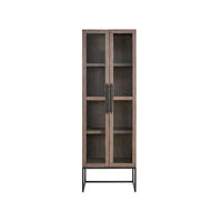 Boulder Display Cabinet, shown in warm gray-brown wood and black metal with wood, glass, and two full-height glass doors.