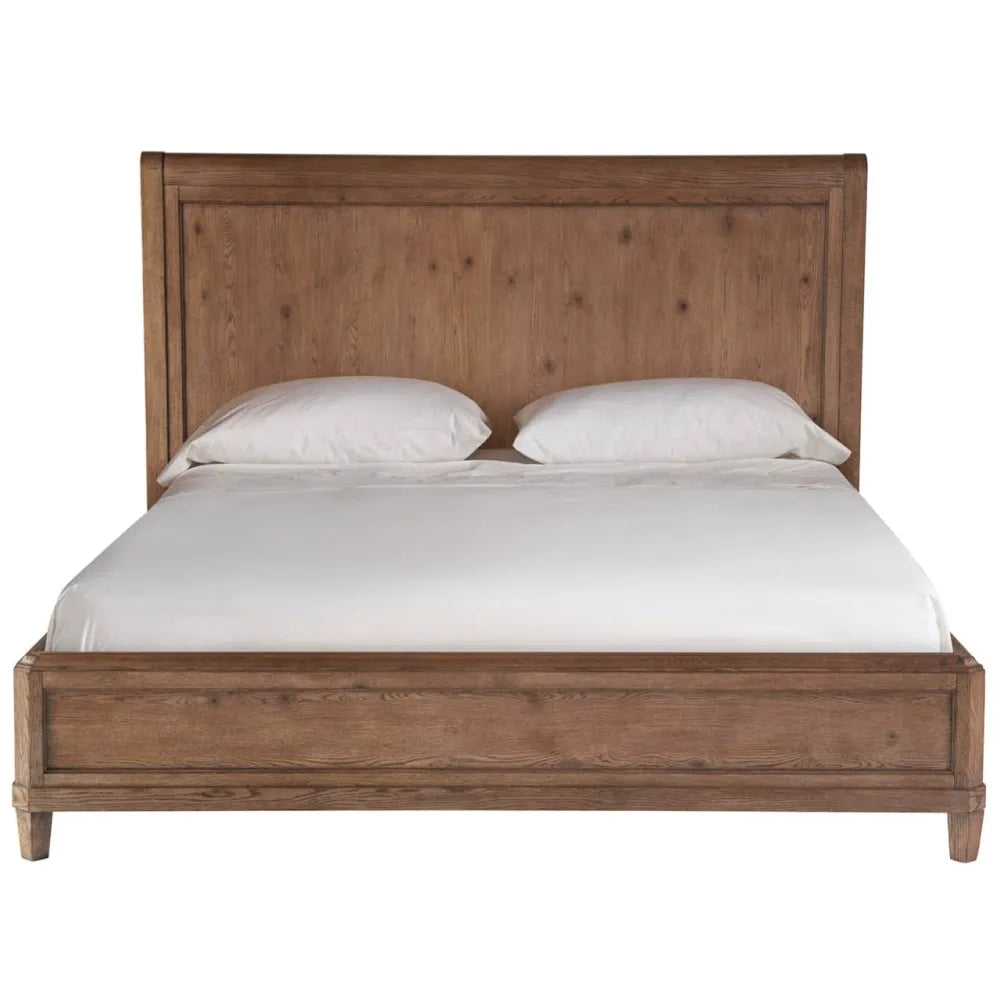 Sienna Bed, shown in medium brown and warm oak brown with wood, oak or oak-veneer panel, and integrated headboard.