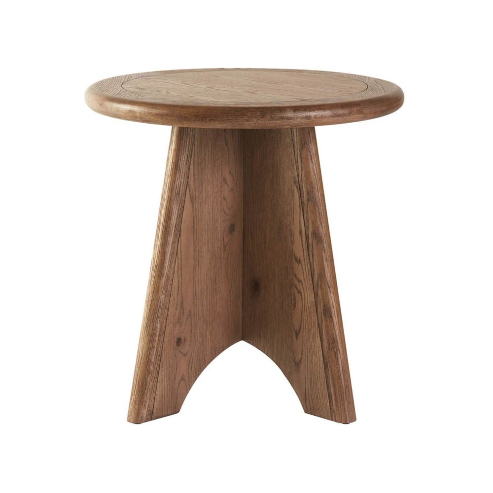 Sienna Round Side Table, shown in medium brown and warm oak brown with solid wood, oak, and fixed solid pedestal base.