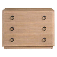 Ghizzano Chest, shown in light natural tan with wood, grasscloth or woven raffia veneer, and three full-width drawers.