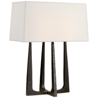 Starla Hand-Forged Bedside Lamp, shown in white and dark bronze with forged metal and fabric.