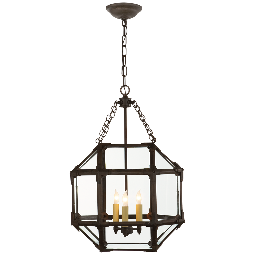 Momogi Small Lantern, shown in dark bronze and clear glass with metal, glass, and chain-hung pendant suspension.