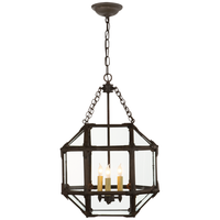 Momogi Small Lantern, shown in dark bronze and clear glass with metal, glass, and chain-hung pendant suspension.