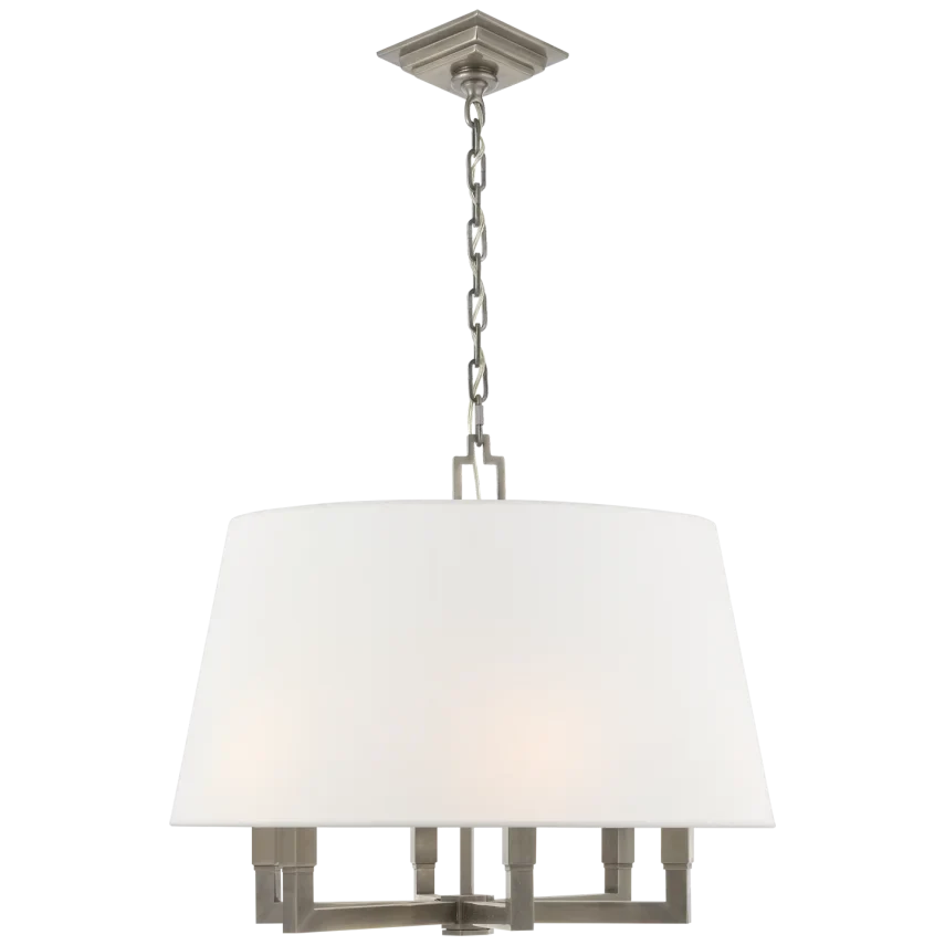 Square Tumy Hanging Shade, shown in white and brushed nickel with metal, fabric shade, and chain-hung ceiling suspension.