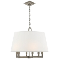 Square Tumy Hanging Shade, shown in white and brushed nickel with metal, fabric shade, and chain-hung ceiling suspension.