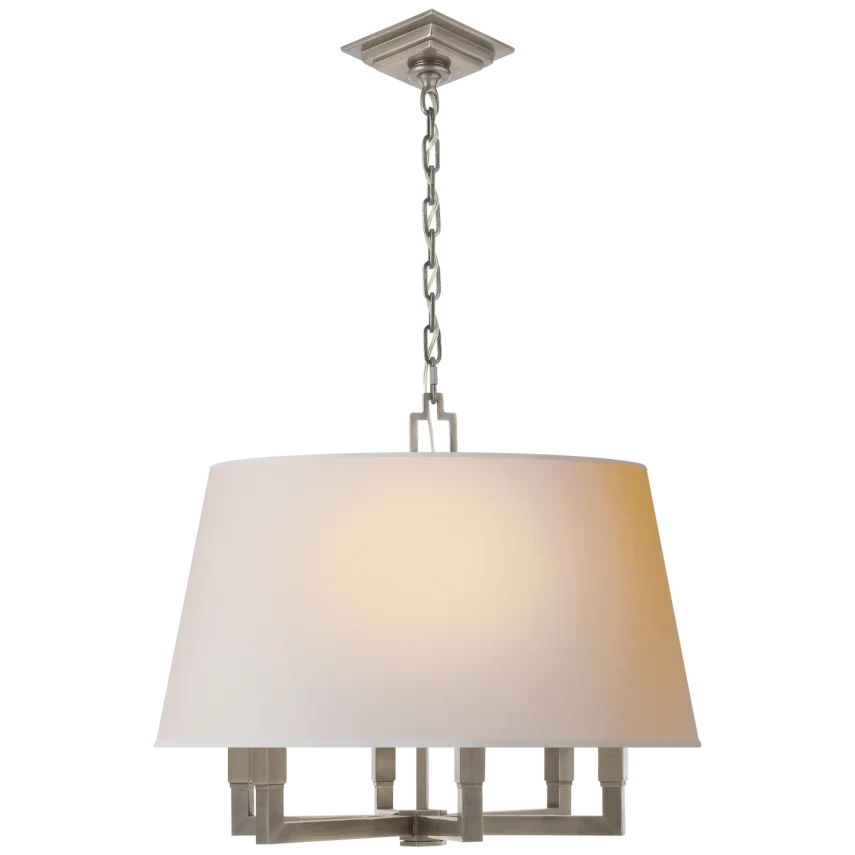 Alternate view of Square Tumy Hanging Shade, featuring matte finish, metal, fabric shade, and chain-hung ceiling suspension.