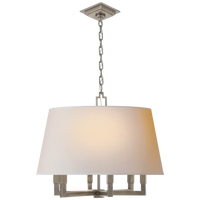 Alternate view of Square Tumy Hanging Shade, featuring matte finish, metal, fabric shade, and chain-hung ceiling suspension.